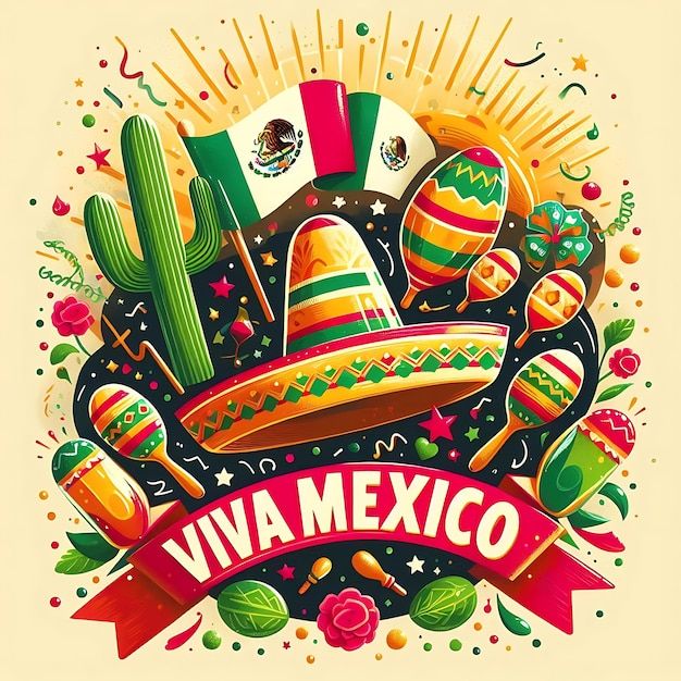 Viva México, con bandera y cactus